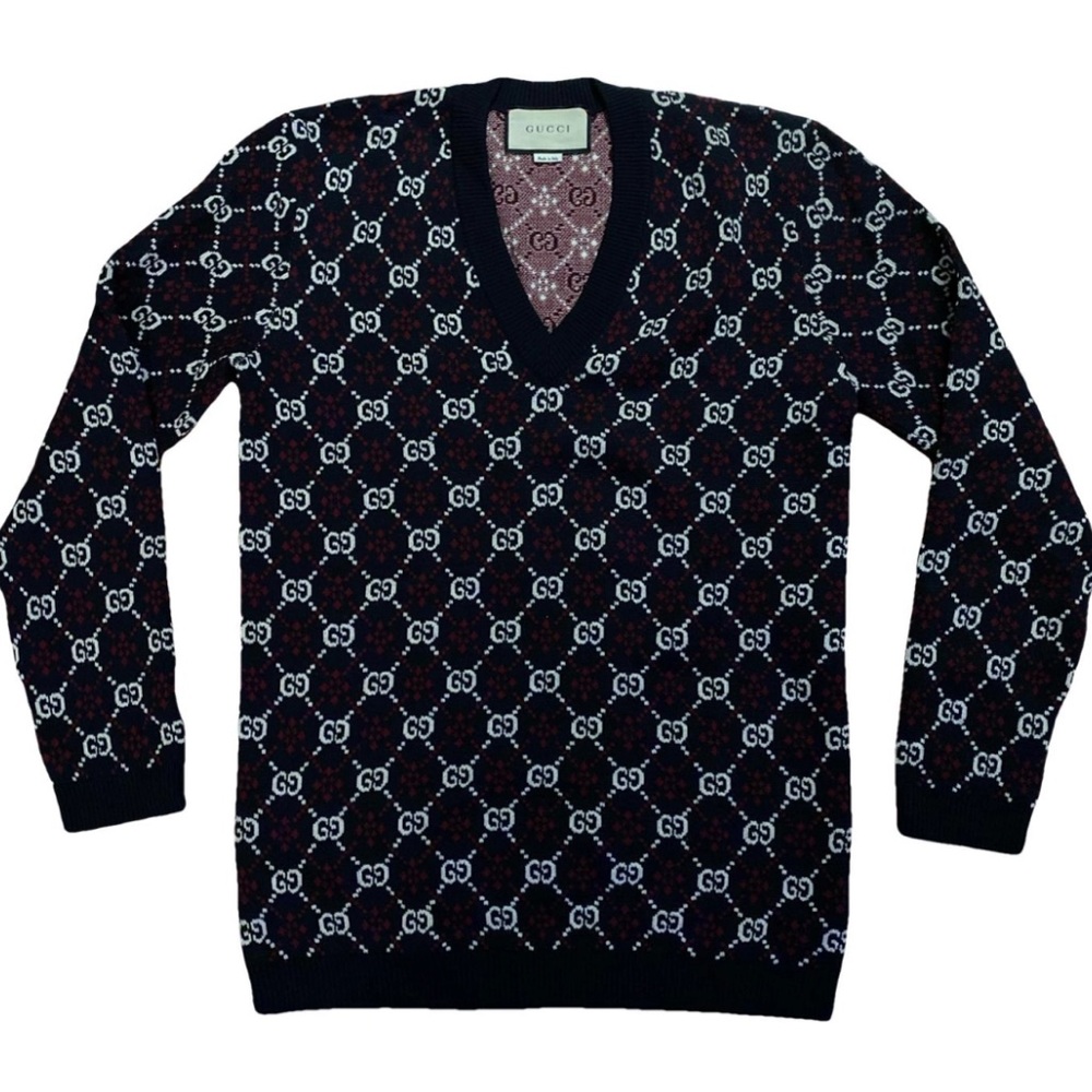 Men's Gucci Logo Embroidered V Neck
Sweater 'Navy'